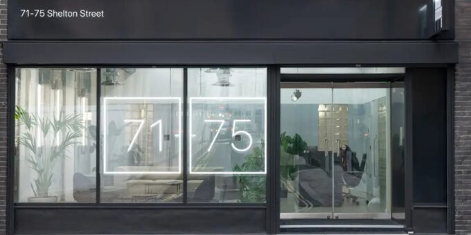 The black shopfront of Rapid Formations' office at 71-75 Shelton Street, Covent Garden, with large illuminated "71-75" numbers in the window, an address that can be used as both a registered office and a service address.