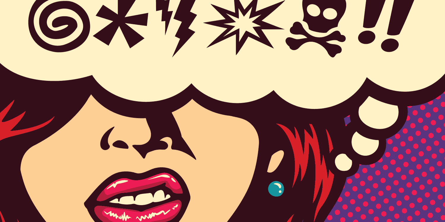 Pop Art graphic of a woman with a speech bubble that contains various punctuation marks in place of a profanity, illustrating that certain sensitive words in company names are not permitted.