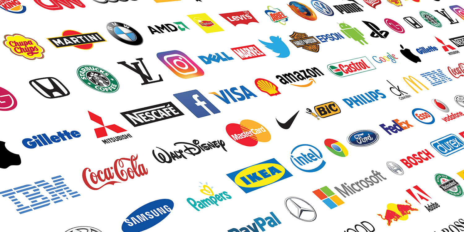 A collection of dozens of famous brand logos arranged against a white background, providing an example of the types of large businesses that could be a corporate shareholder.