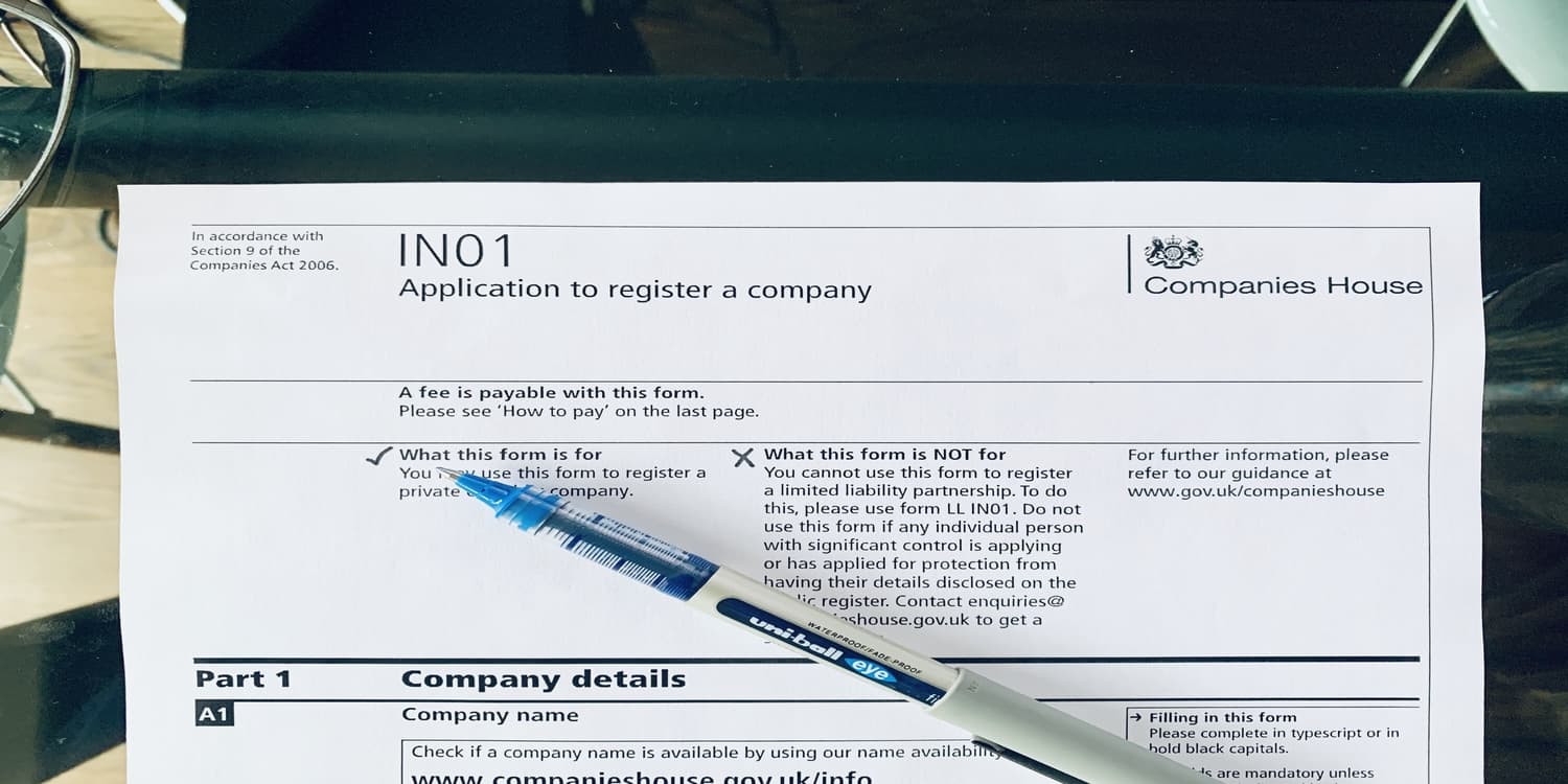 Paper copy of Companies House Form IN01 - Application to register a company. This is the company formation form that must be submitted to Companies House.