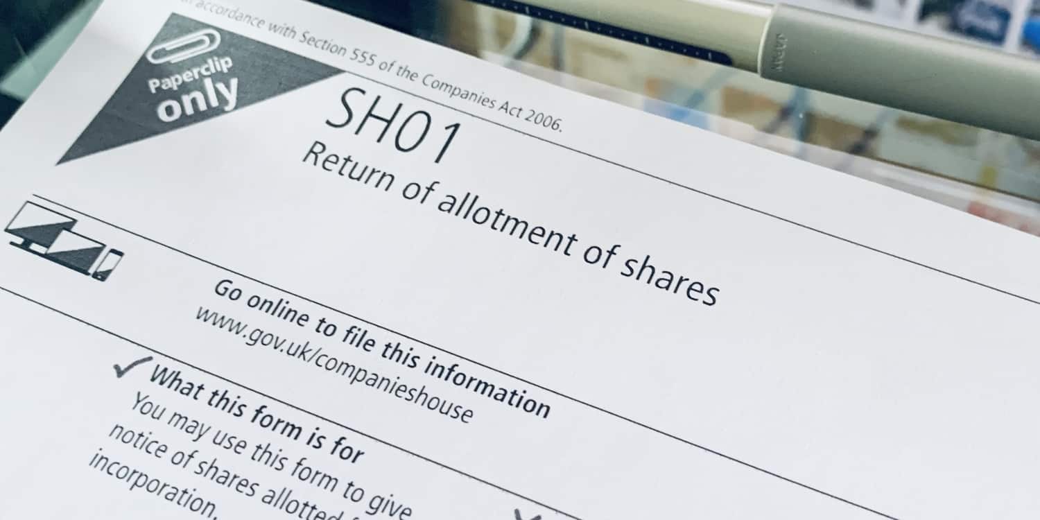 Paper copy of Companies House Form SH01 - Return of allotment of shares - which must be filed when you issue more shares