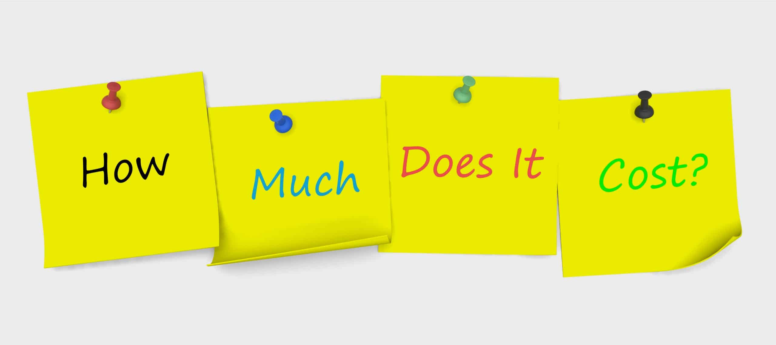 Yellow post-it notes pinned to a board displaying the phrase 'How Much Does It Cost?'