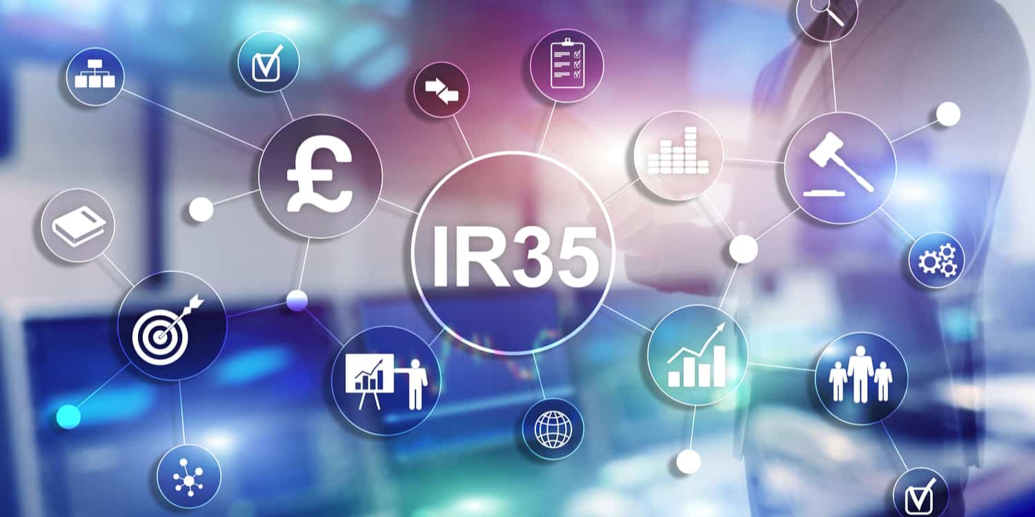 IR35 concept illustration with money, tax, and legal icons.