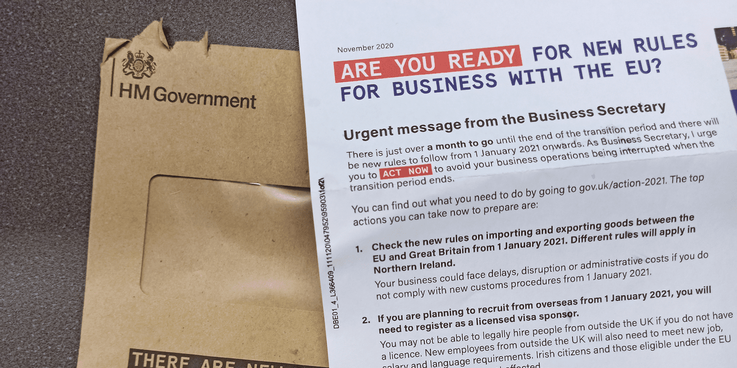 HM Government brown envelope with letter from Business Secretary on getting ready for new rules for business with the EU.