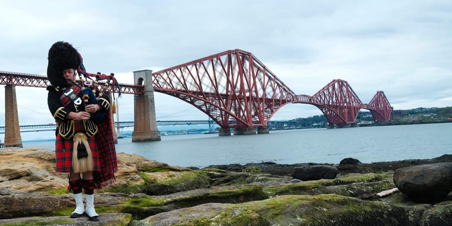 Scottish Piper playing with the Forth Bridge in the background. bac