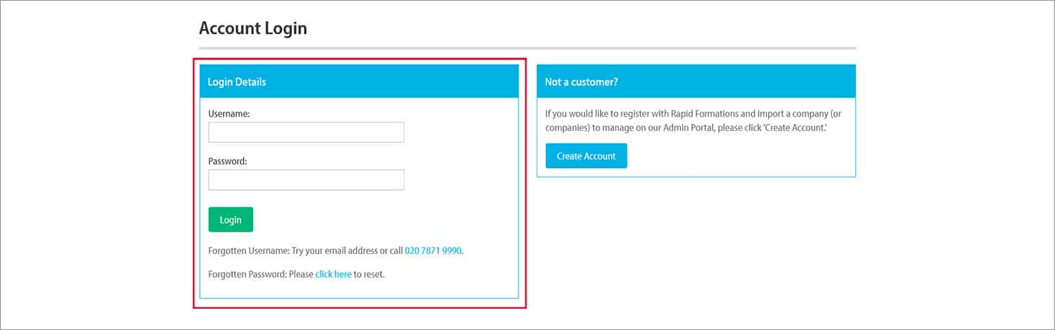 Screenshot of online client portal login area