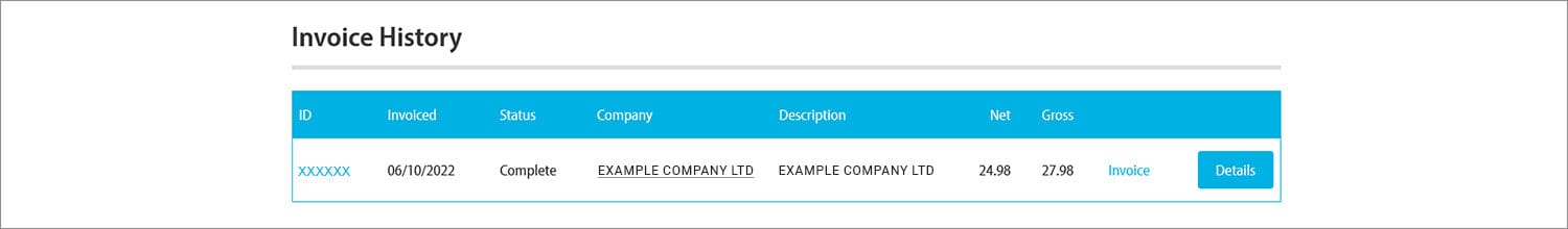 Screenshot of online client portal invoice area