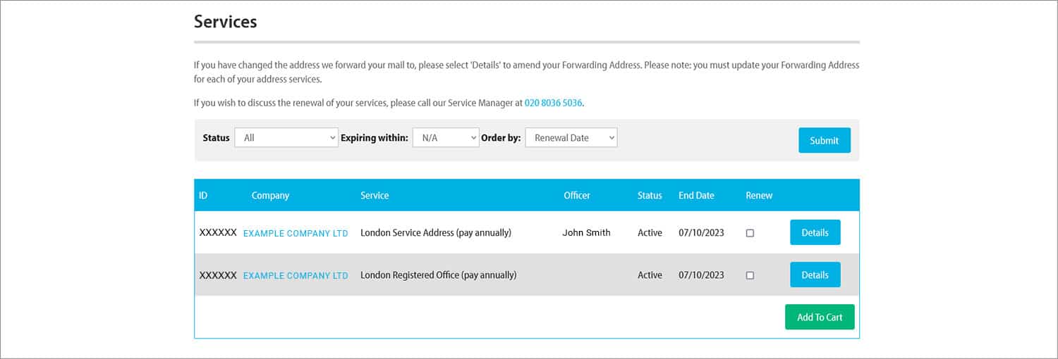 Screenshot of online client portal services area
