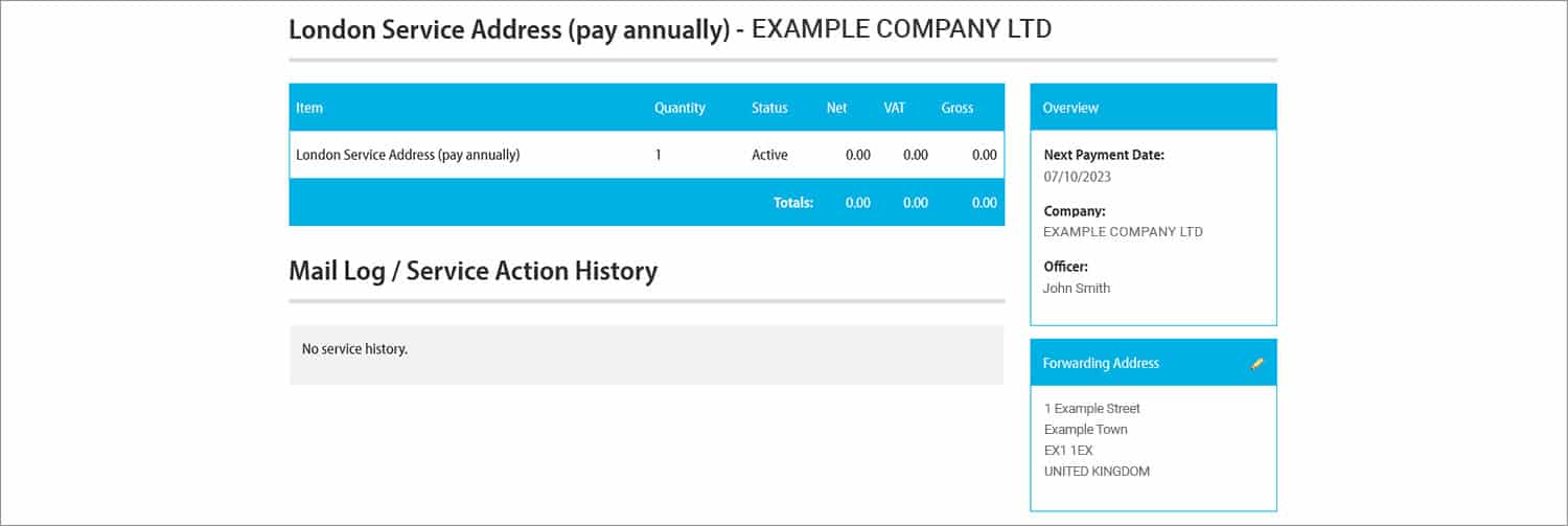 Screenshot of online client portal forwarding address area