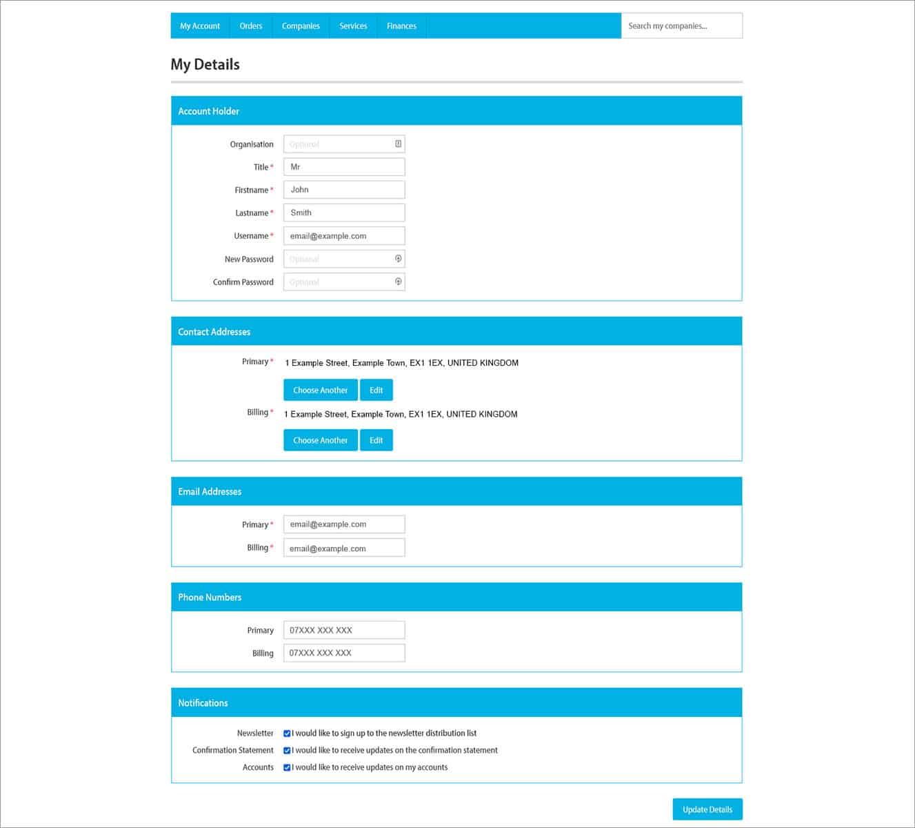 Screenshot of online client portal my details area