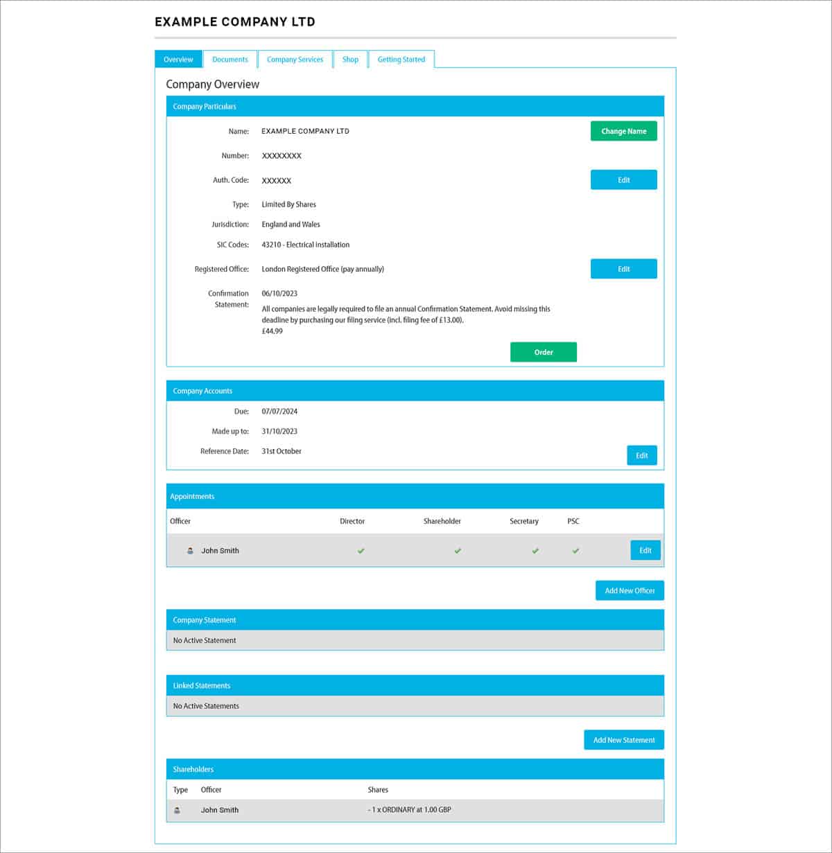Screenshot of online client portal company overview area