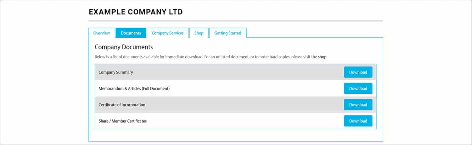 Screenshot of online client portal company documents area