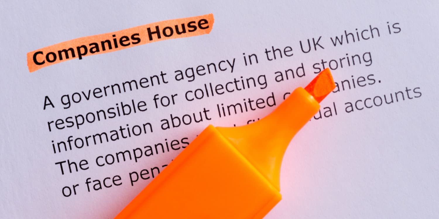 Image of the definition of Companies House in black font on lilac paper, with the headline 'Companies House' highlighted with orange marker pen.