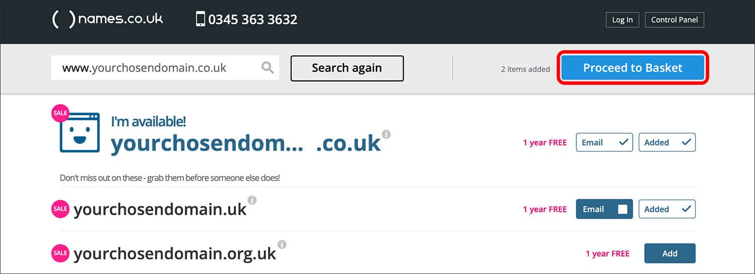 Screenshot of Names.co.uk site with domain names being added to the basket