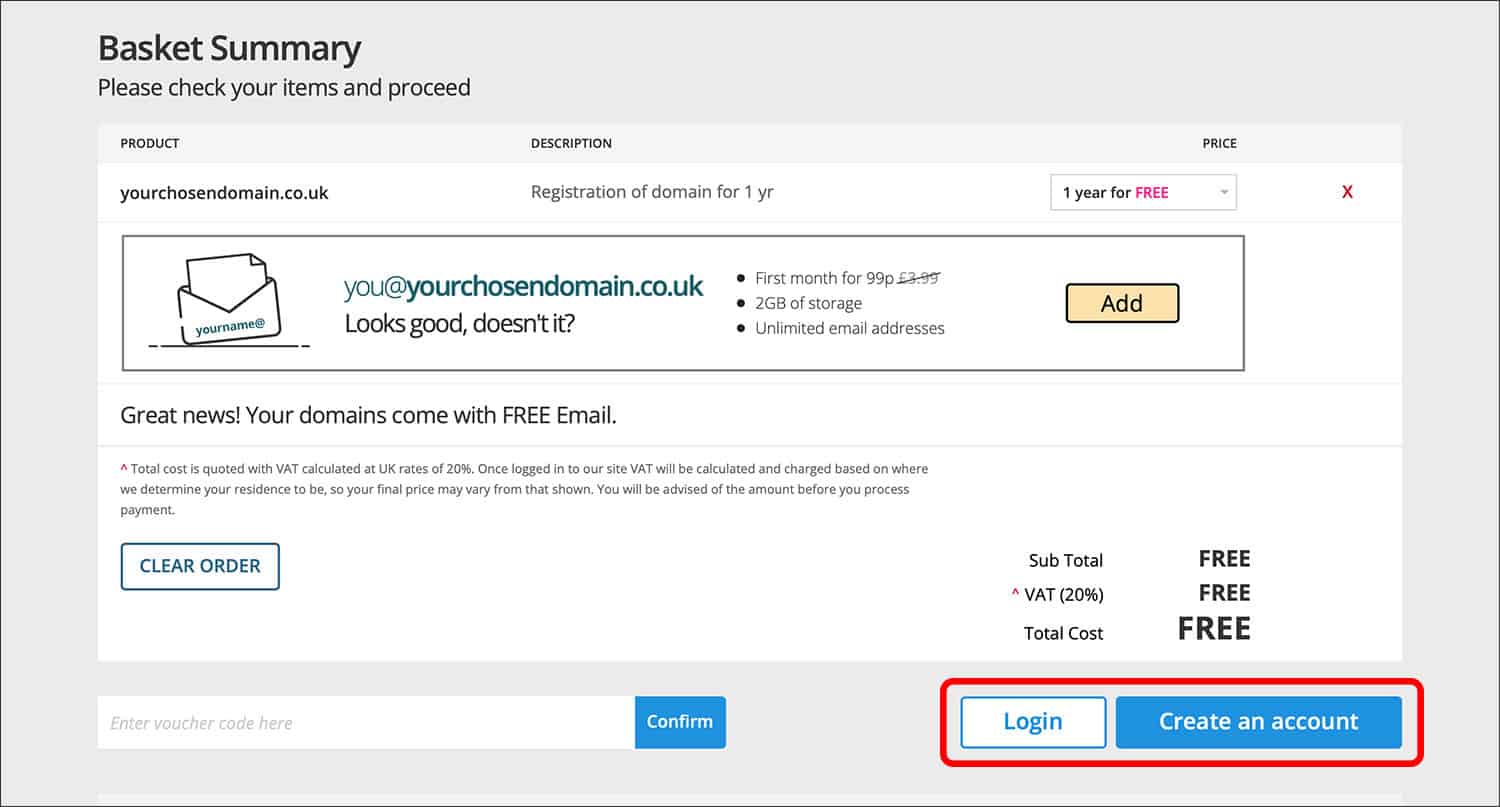 Screenshot of Names.co.uk page with 'Login' and 'Create an account' highlighted