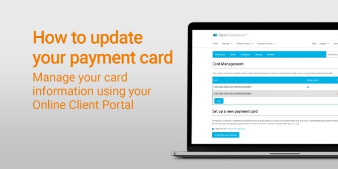 Image of Laptop with Rapid Formations Card Management page displayed and headline in orange font 'How to update your payment card'.