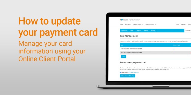 Image of Laptop with Rapid Formations Card Management page displayed and headline in orange font 'How to update your payment card'.