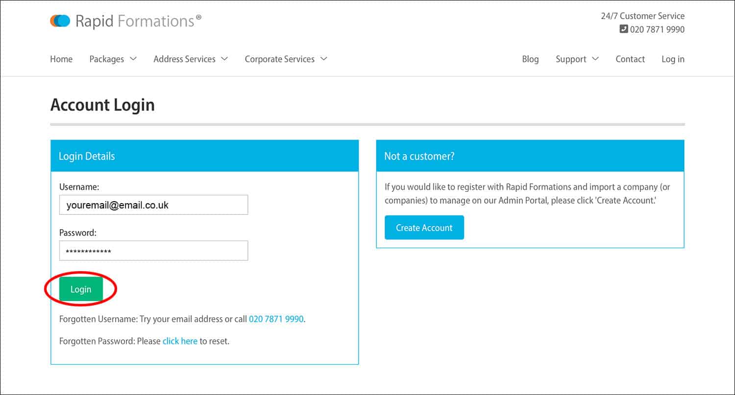 Rapid Formations Account Login Page with 'Login' button circled in red.