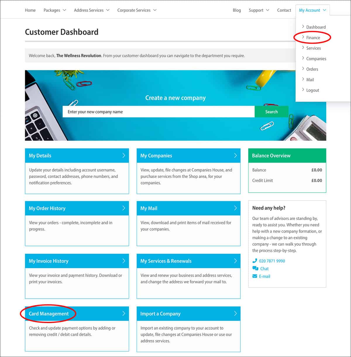 Rapid Formations Online Client Portal - Customer Dashboard page with 'Finance' option in dropdown menu circled in red.
