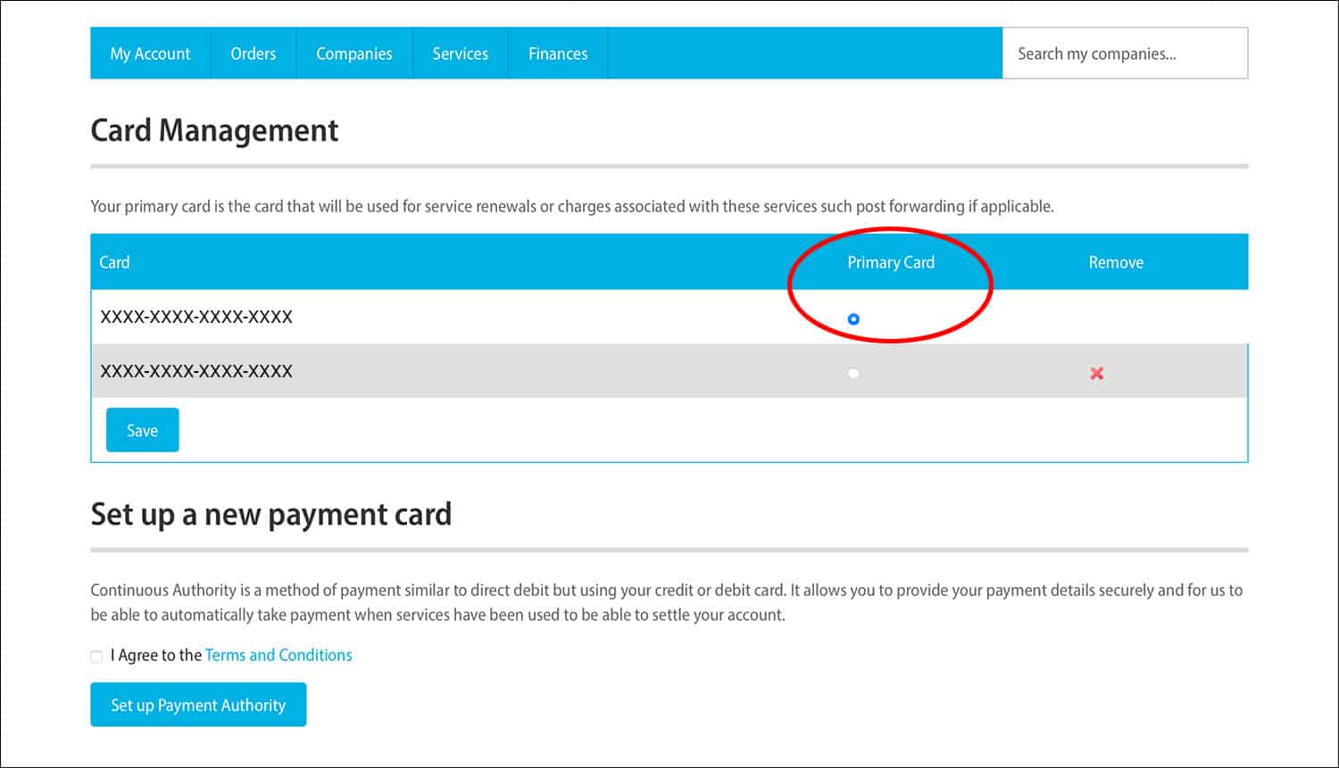 Rapid Formations Online Client Portal - Card Management page with 'Primary Card' heading circled in red.