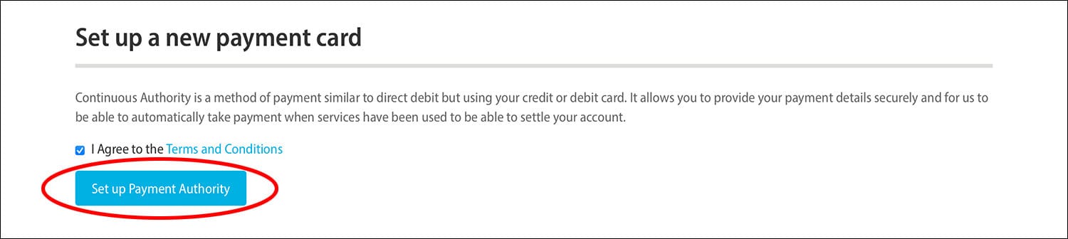 Rapid Formations Online Client Portal - Set up a new payment card page with 'Set up Payment Authority' circled in red.