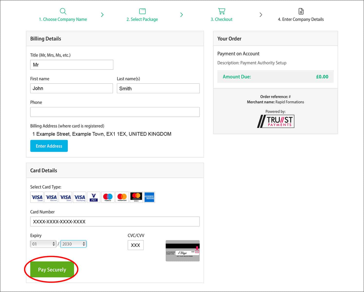 Rapid Formations Online Client Portal - Payment Page with 'Pay Securely' button circled in red.