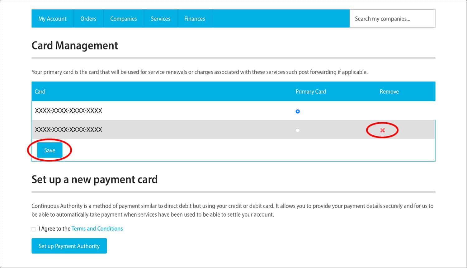 Rapid Formations Online Client Portal - Card Management Page with 'Save' button circled in red.