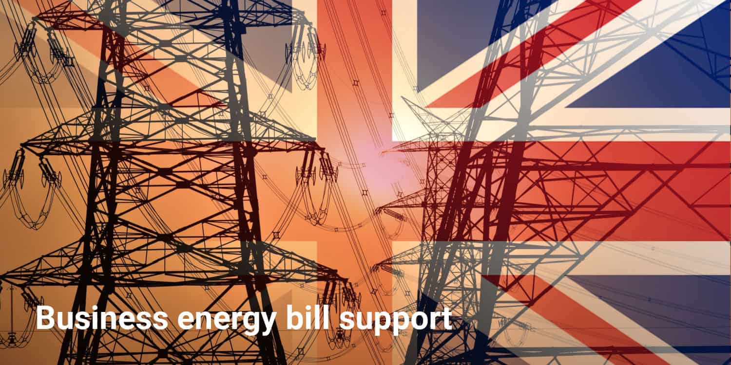 Electricity high power lines and pylons with Union Jack as backgound. Concept of UK business energy spend on electricity.