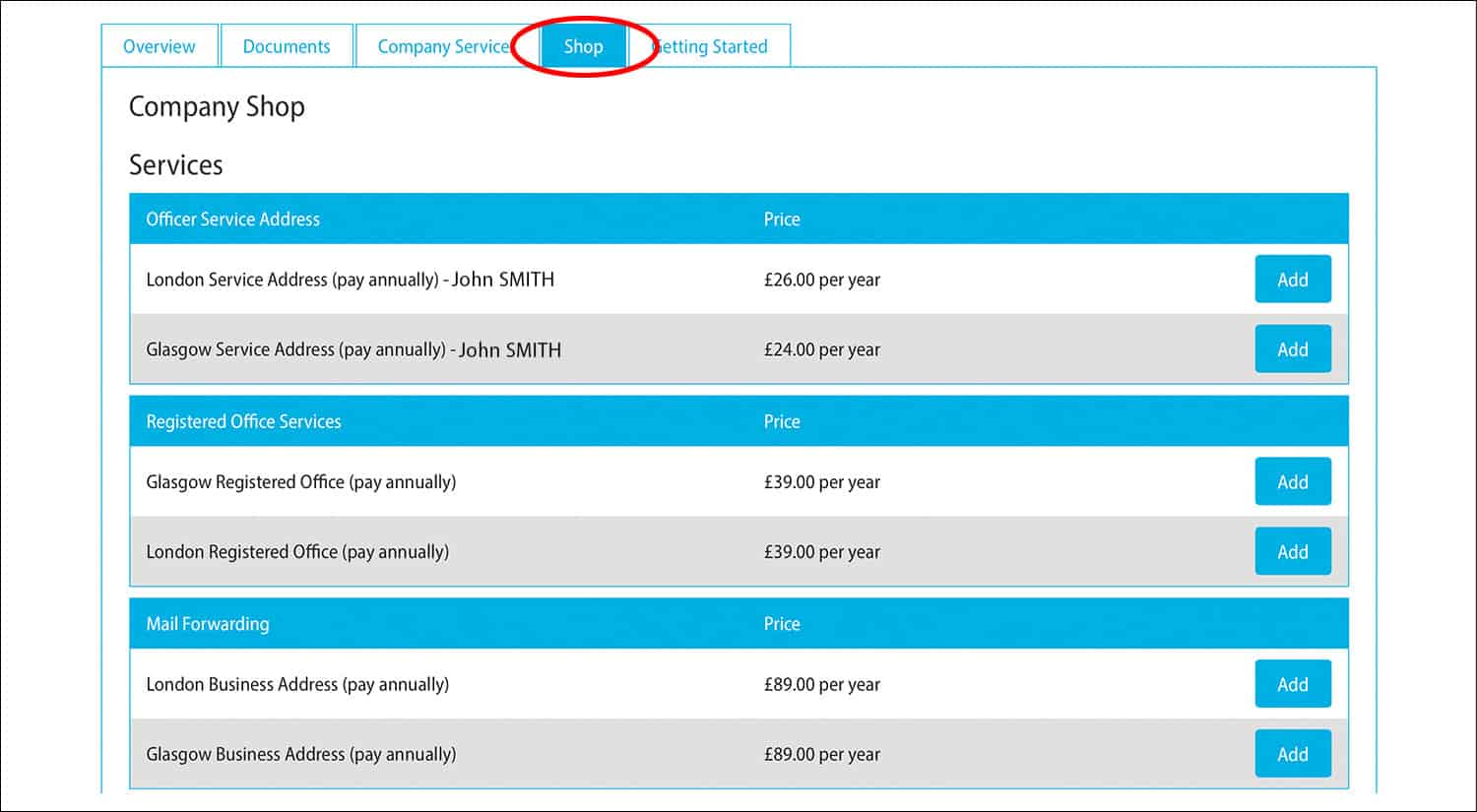 Rapid Formations' Company Shop page with the tab 'Shop' circled in red.
