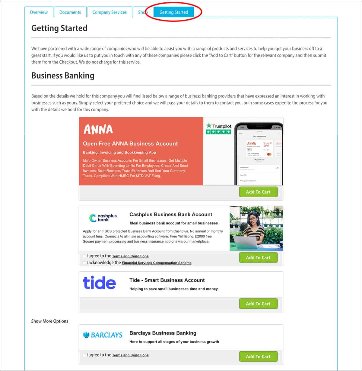 Rapid Formations' Partners Offers page with the tab 'Getting Started' circled in red.