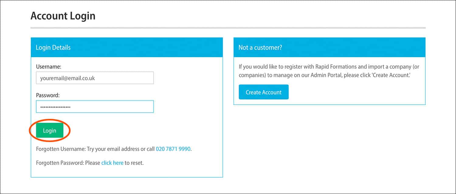 Rapid Formations' Account Login page with the Login button circled in red.