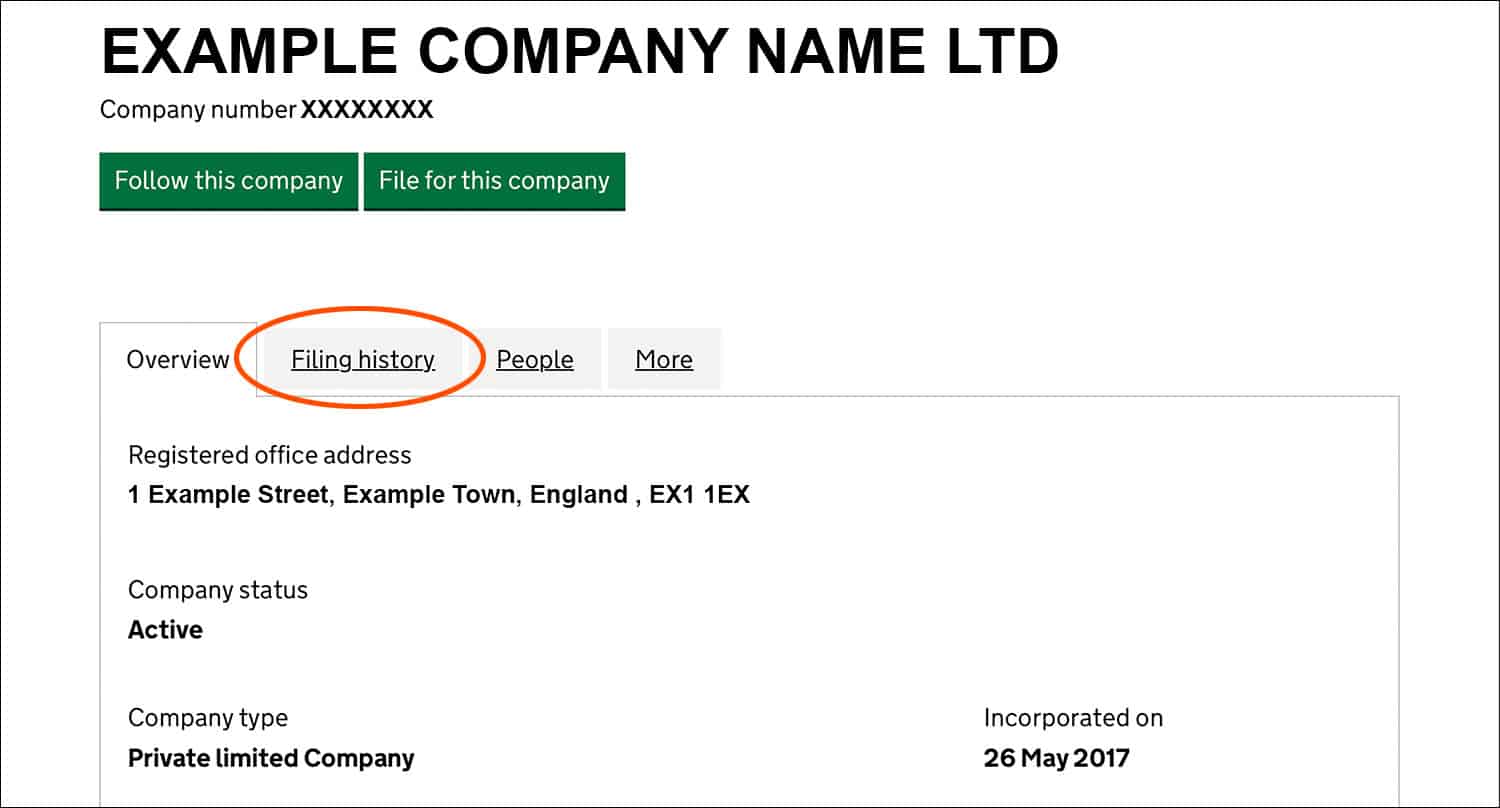 Companies House EXAMPLE COMPANY NAME LTD company details page with the 'Filing history' tab circled in red.