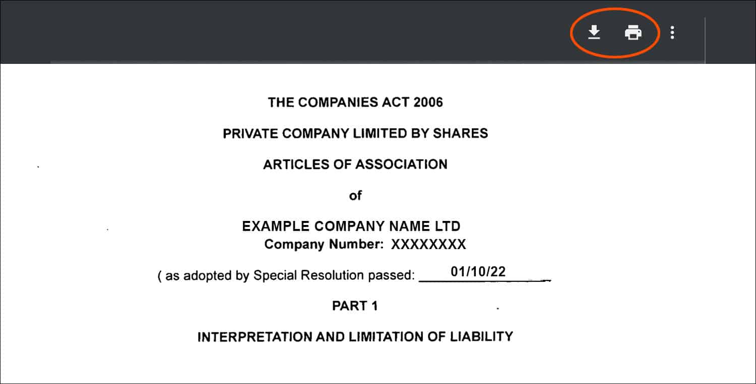Companies House copy of EXAMPLE COMPANY NAME LTD company's Memorandum & Articles of Association document with the Download and Print icons circled in red.
