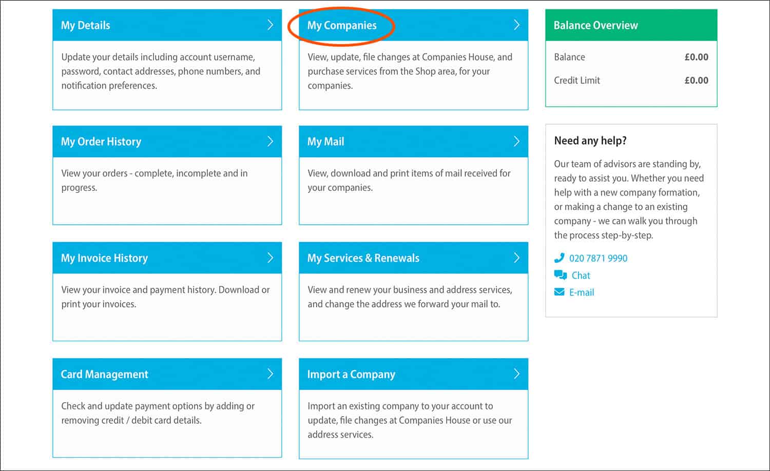 Rapid Formations' Customer Dashboard page with the My Companies sub-heading circled in red.