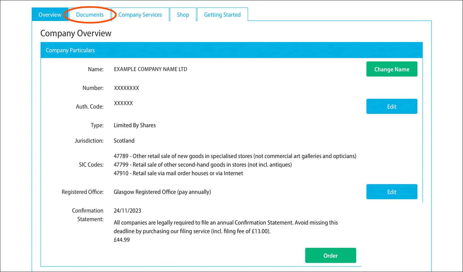 Rapid Formations' Company Overview page with the Documents tab circled in red.