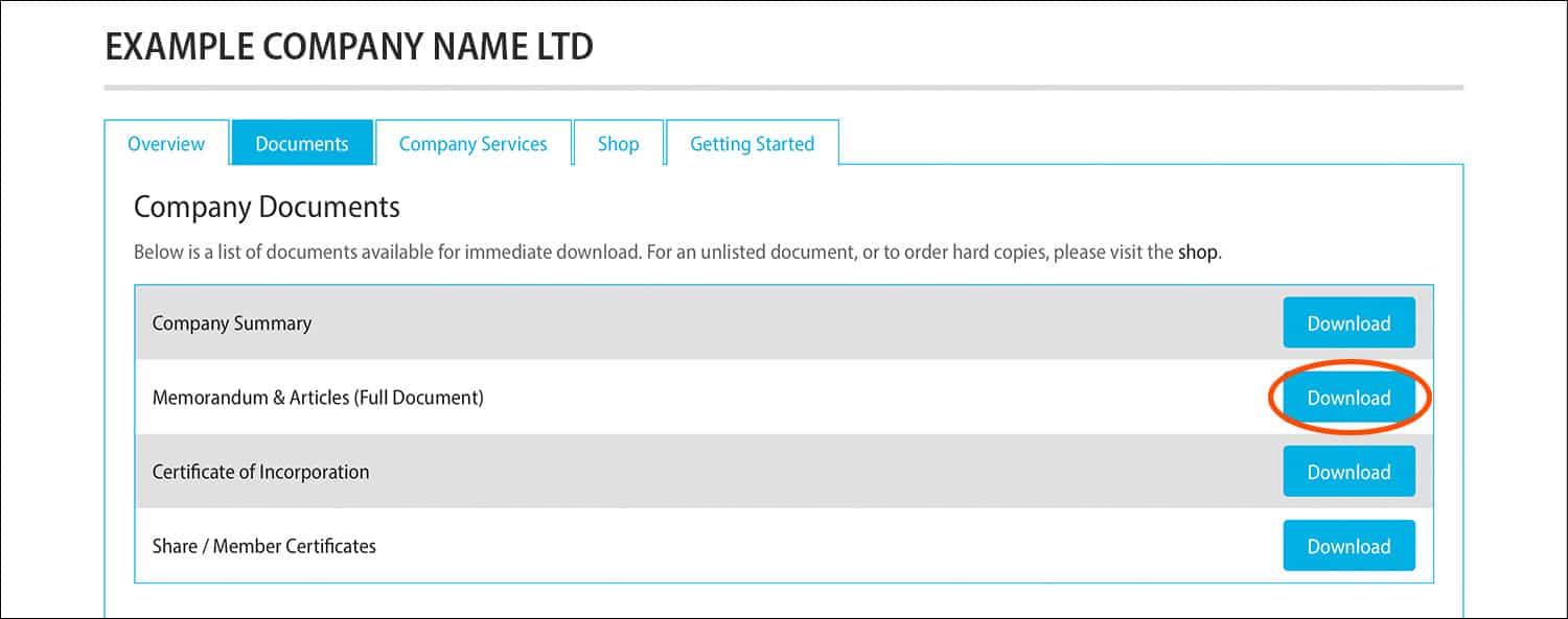 Rapid Formations' Company Documents page with the 'Memorandum & Articles' Download button circled in red.