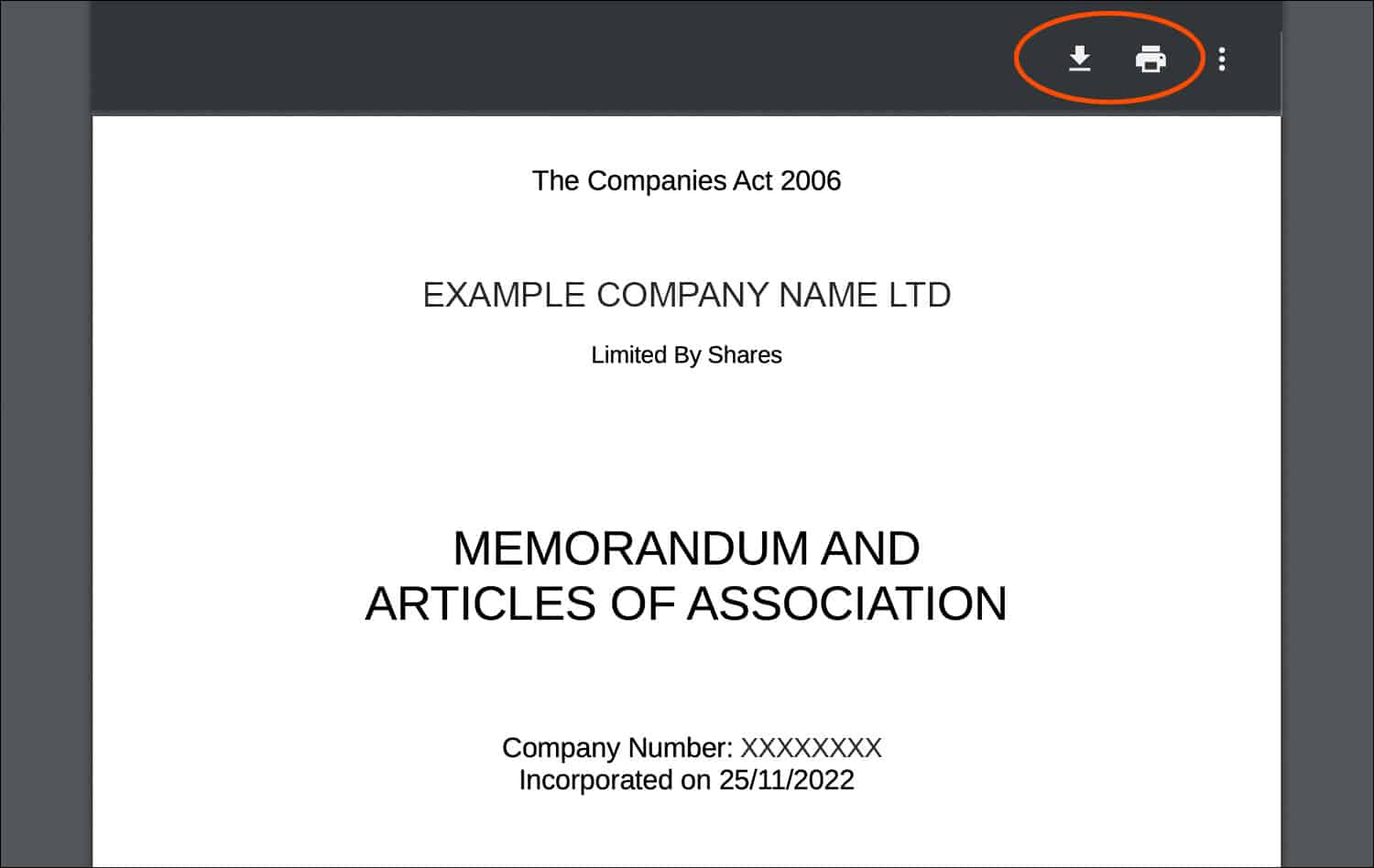 Example memorandum and articles of association document with Download and Print icons circled in red.