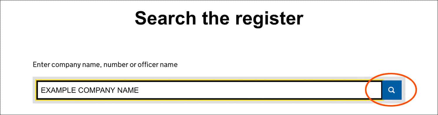 Companies House 'Searh the register' facility with EXAMPLE COMPANY NAME LTD entered and the search button circled in red.