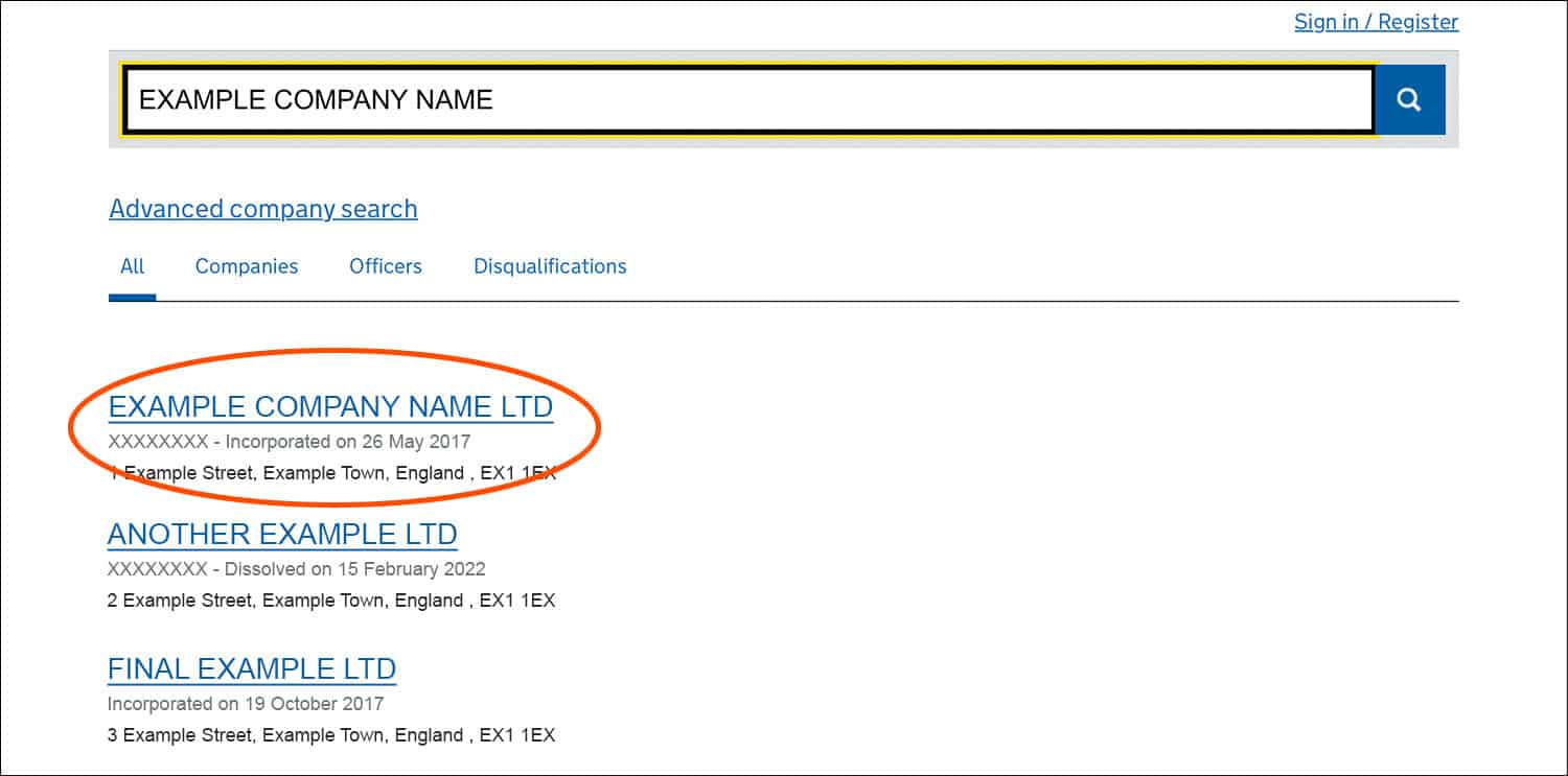Companies House 'Search the register' results page with EXAMPLE COMPANY NAME LTD circled in red.