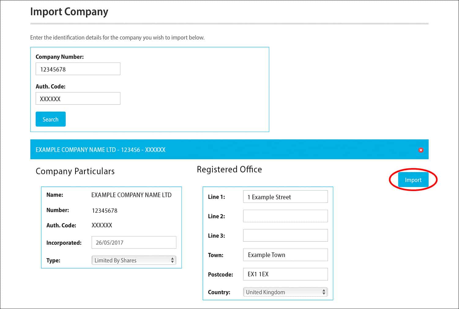 Rapid Formations' 'Import a Company' page with the 'Import' button circled.