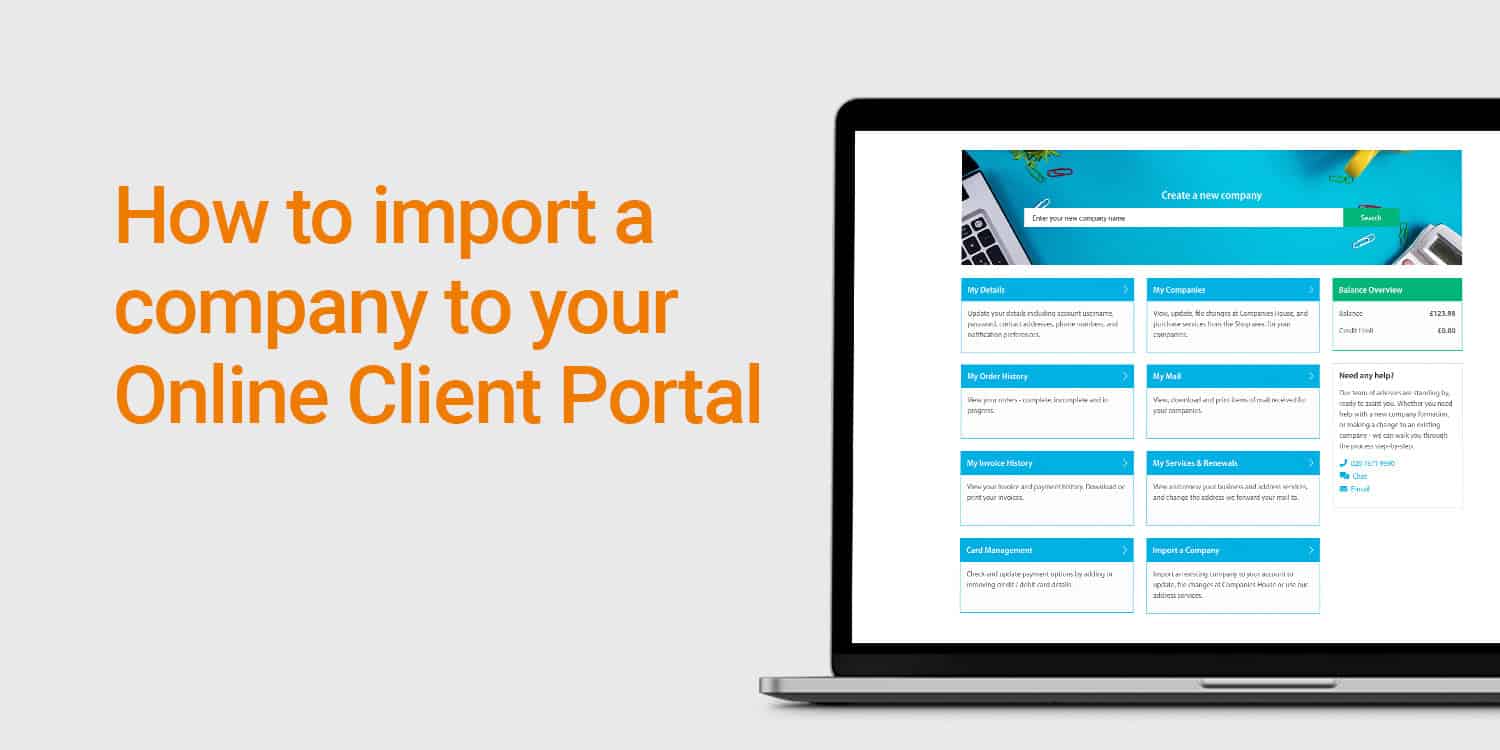 Image of Rapid Formations Customer Dashboard displayed on a laptop with the headline in orange text: How to import a company to your Online Client Portal.