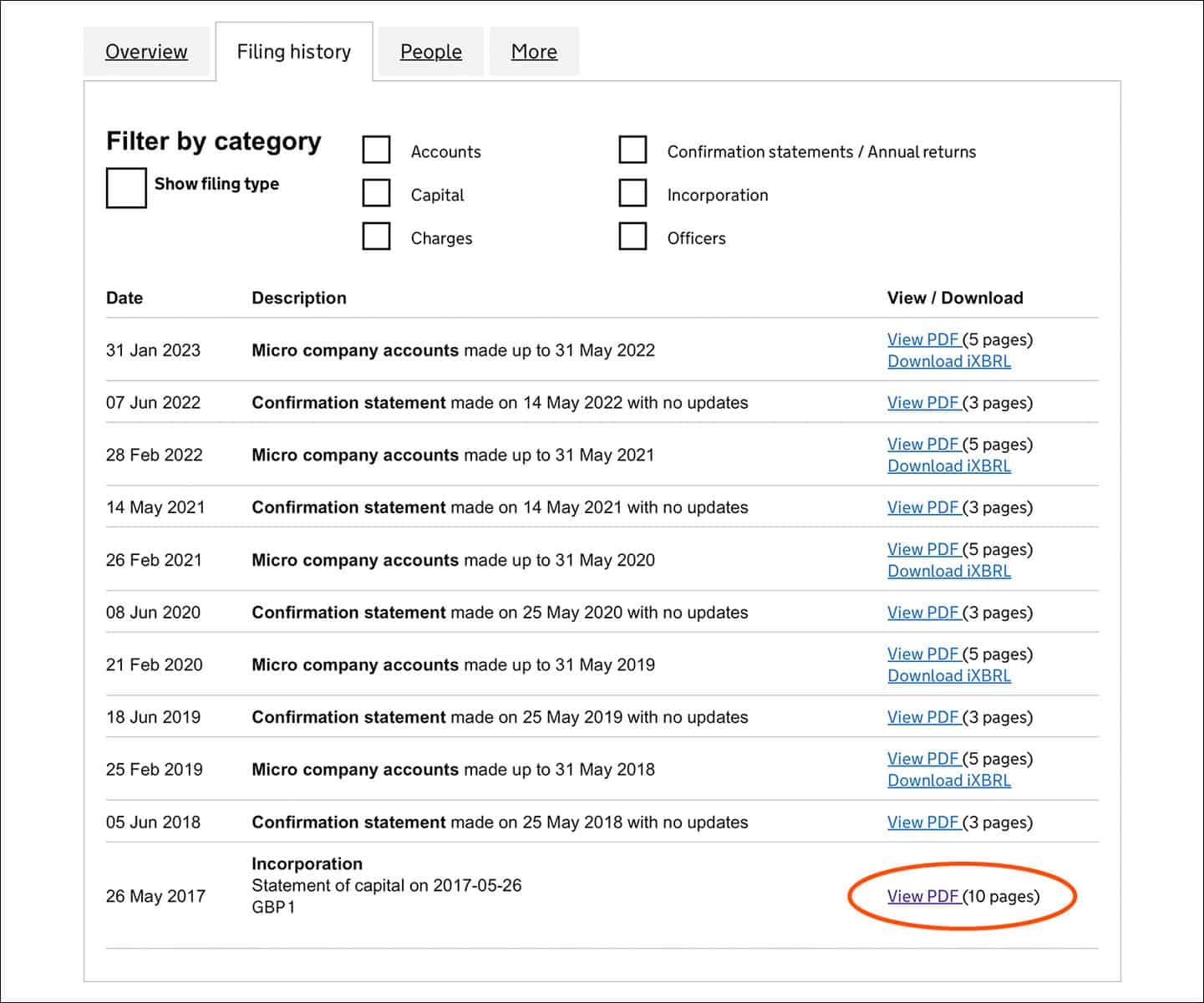 Screenshot of a company's filings on the Companies House, search tool