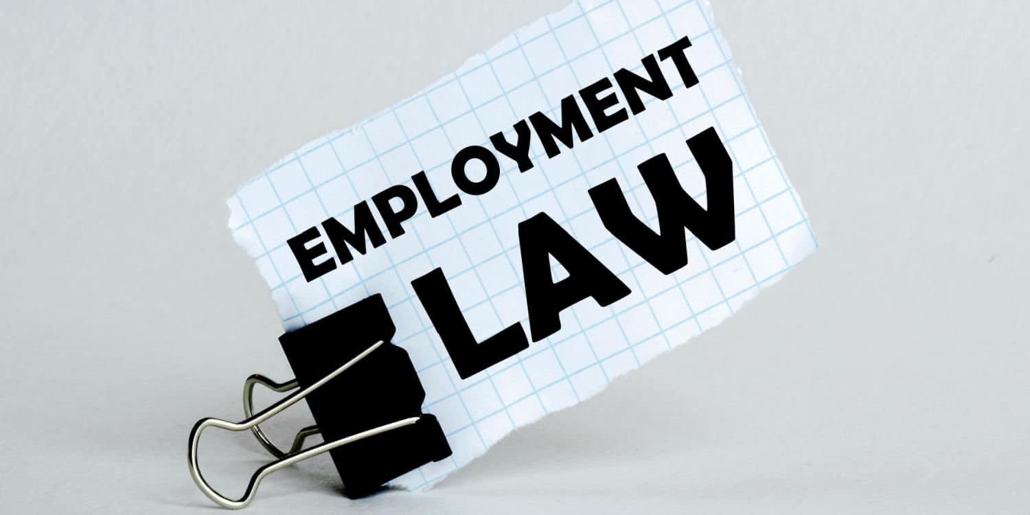 Piece of jotter paper with the words EMPLOYMENT LAW in black capital letters held by a bulldog clip.