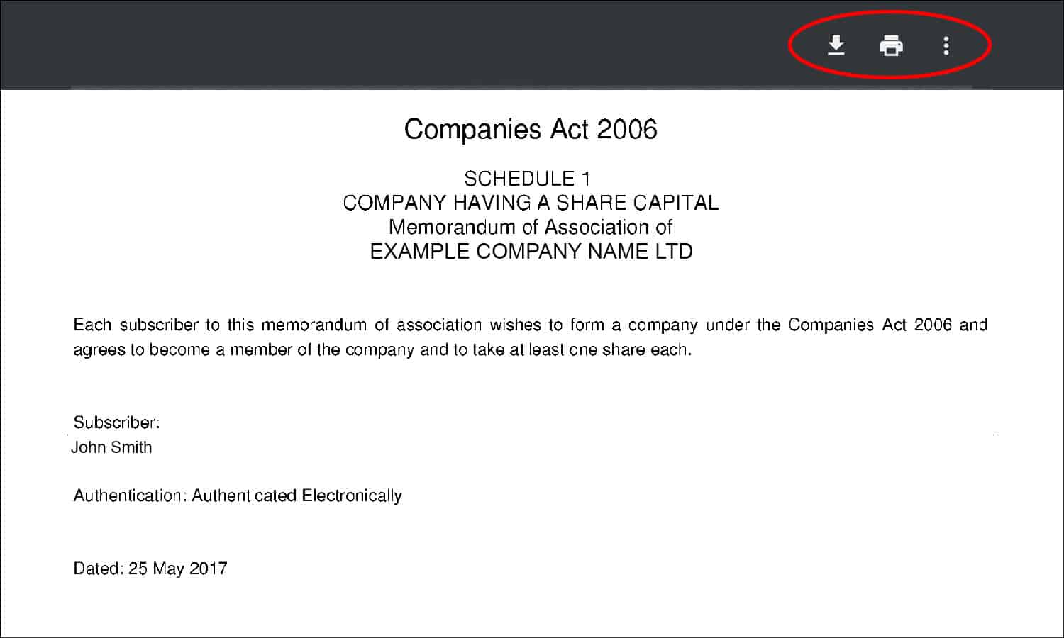 Screenshot of a company's memorandum and articles of association with the download and print icons circled