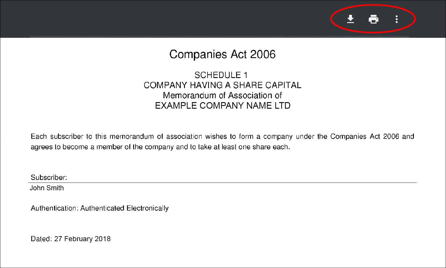 Screenshot of a company's memorandum and articles of association with the download and print icons circled