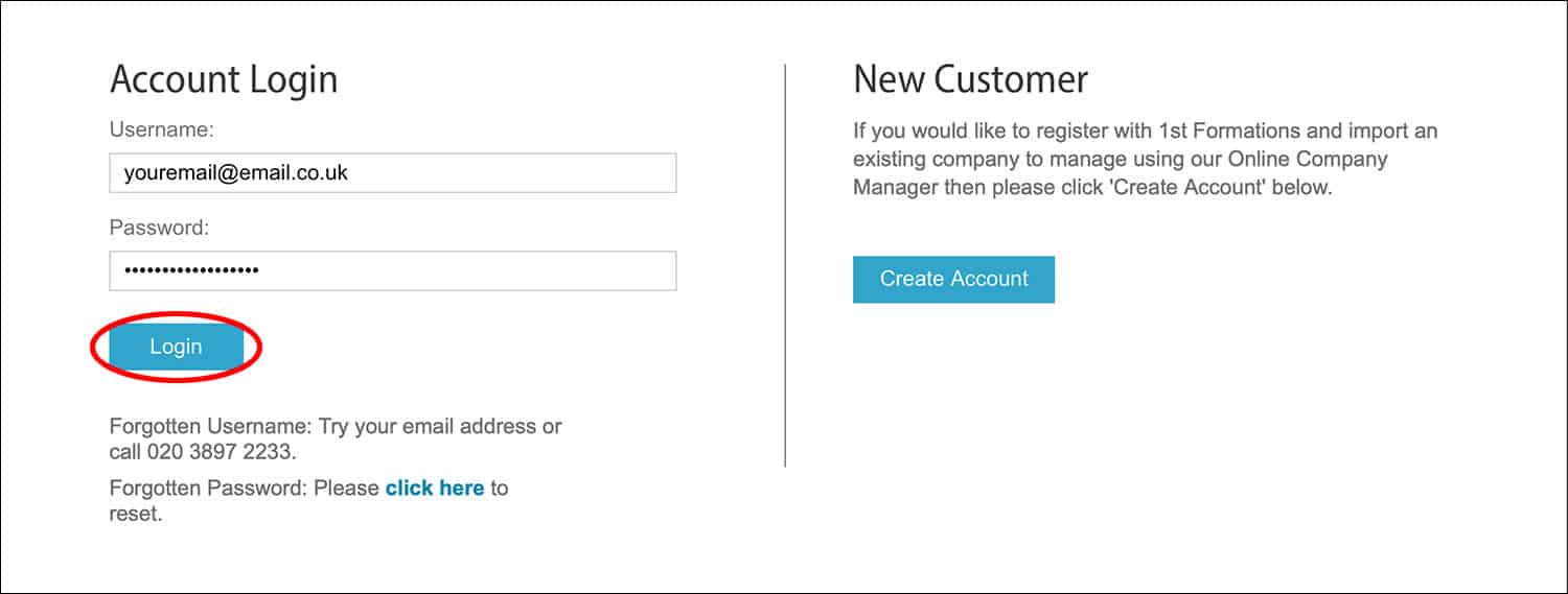 Screenshot of Rapid Formations' Account Login page with Login button circled in red.