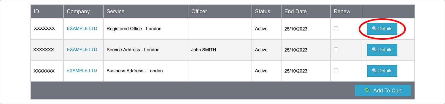 Screenshot of Rapid Formations' Services and Renewals page with 'Details' button circled in red.