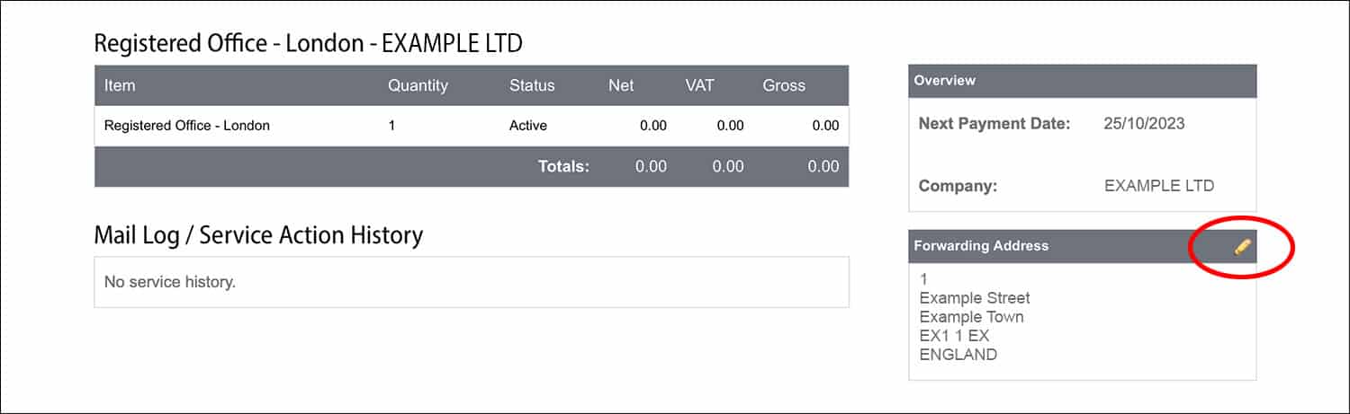 Screenshot of Rapid Formations' Company Services Details page with the 'edit' icon circled in red.