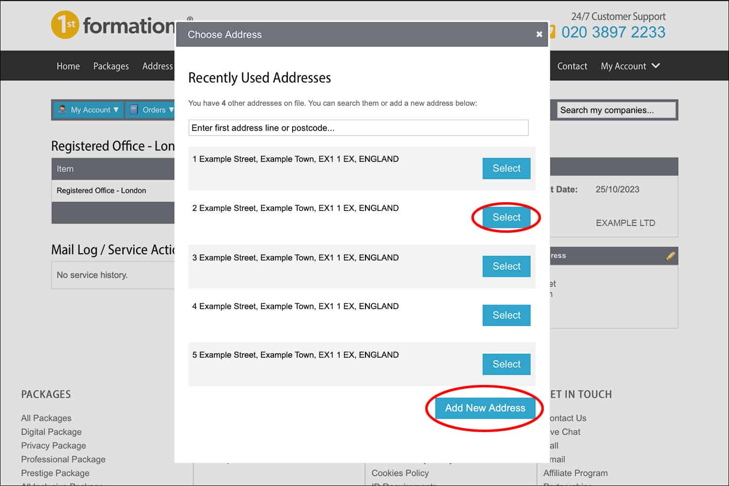 Screenshot of Rapid Formations Address Options page with the 'Select' button circled in red.