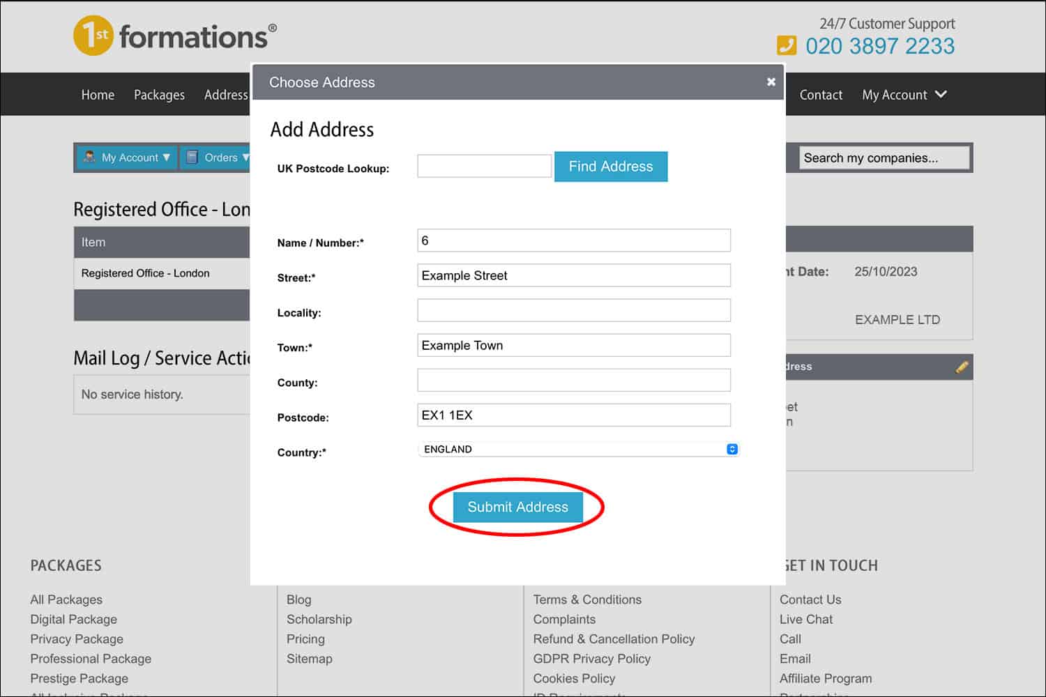 Screenshot of Rapid Formations' Add Address page with the 'Submit Address' button circled in red.